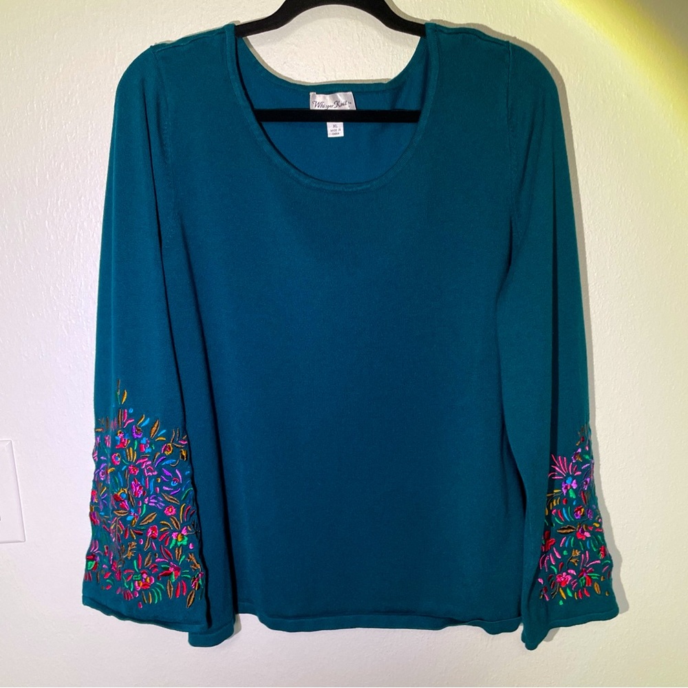 LOUIS DEL OLIO WHISPER KNIT XL PULLOVER JEWEL TONE FLORAL EMBROIDERY DRK GREEN